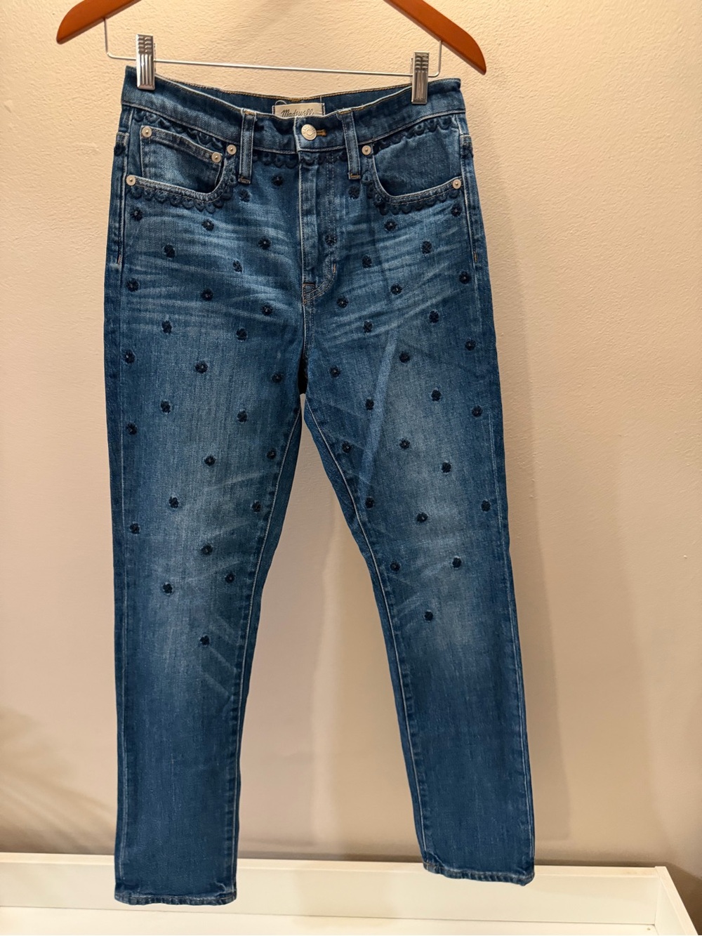 Madewell‎ High-Rise Slim Boyjean Embroidered Floral Blue Denim Jeans Size 25